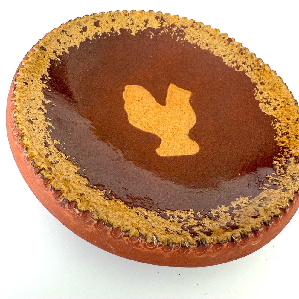 Vintage 1985 Ned Foltz PA redware pottery chicken or rooster dish